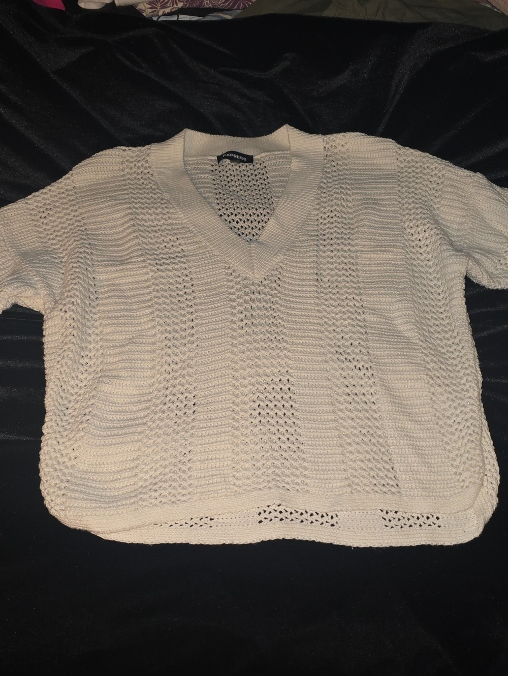 Express Cream Open-Knit V-Neck Sweater
